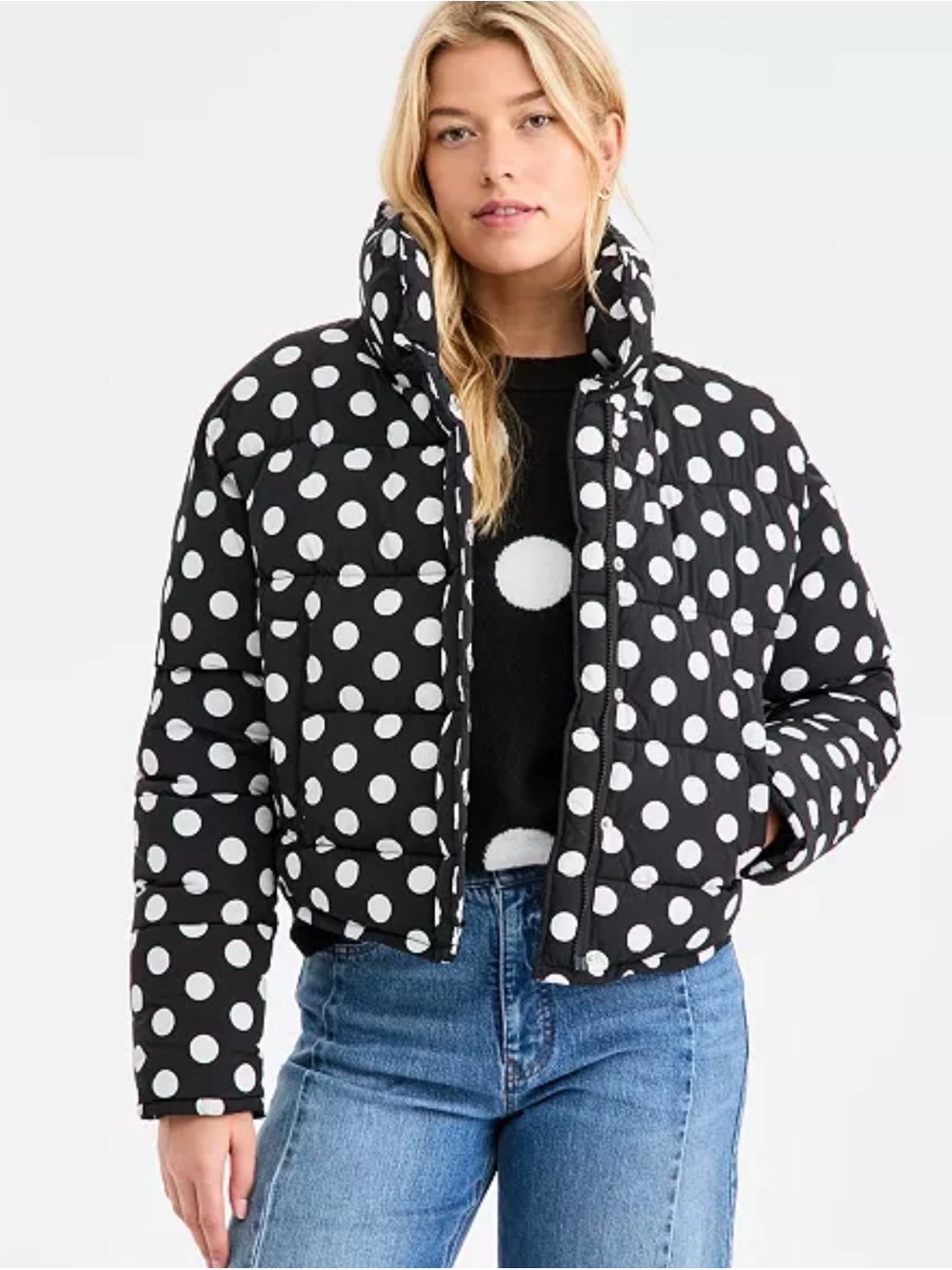 On 34th Polka Dot Puffer Cropped Shirttail Hem